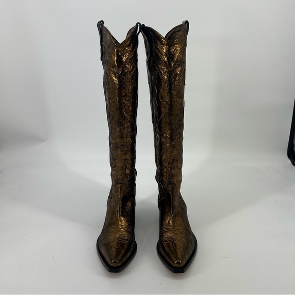 Free People Moody Bronze Metallic Snip Toe Tall Leather Embroidered Cowboy Boots - Picture 3 of 9